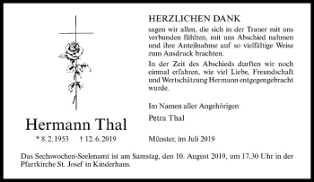 Anzeige von Hermann Thal von Westfälische Nachrichten
