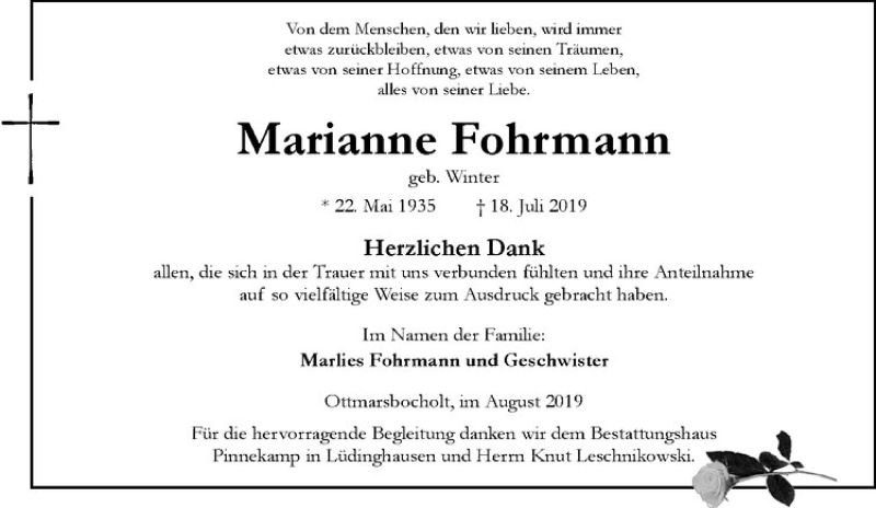  Traueranzeige für Marianne Fohrmann vom 17.08.2019 aus Westfälische Nachrichten