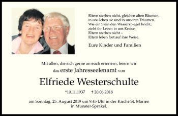 Anzeige von Elfriede Westerschulte von Westfälische Nachrichten