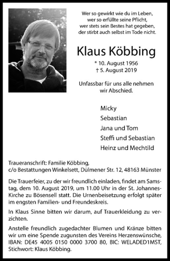 Anzeige von Klaus Köbbing von Westfälische Nachrichten
