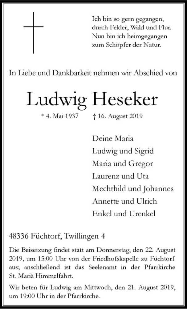  Traueranzeige für Ludwig Heseker vom 20.08.2019 aus Westfälische Nachrichten
