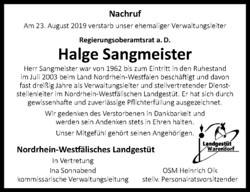 Traueranzeige für Halge Sangmeister vom 29.08.2019 aus Westfälische Nachrichten