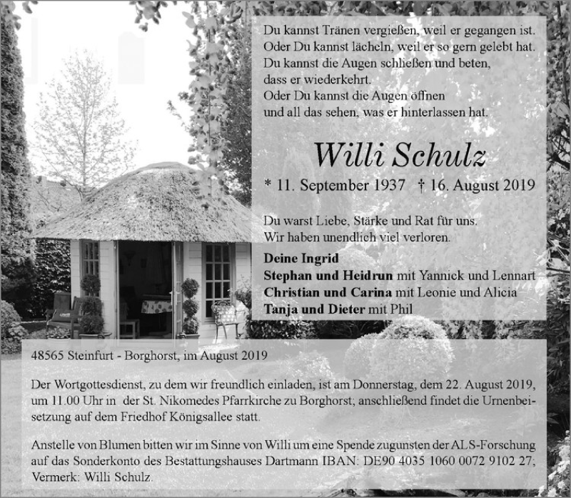  Traueranzeige für Willi Schulz vom 19.08.2019 aus Westfälische Nachrichten