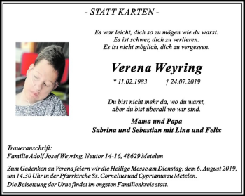 Anzeige von Verena Weyring von Westfälische Nachrichten