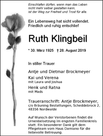 Anzeige von Ruth Klingbeil von Westfälische Nachrichten