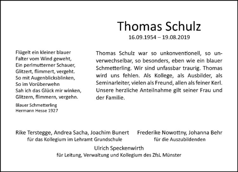  Traueranzeige für Thomas Schulz vom 24.08.2019 aus Westfälische Nachrichten