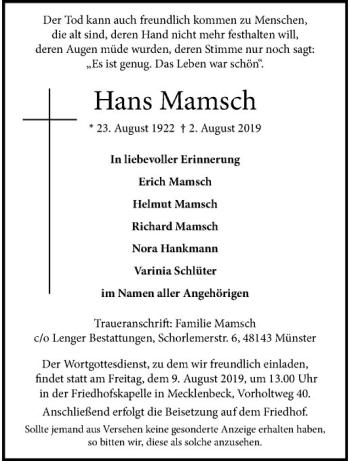 Anzeige von Hans Mamsch von Westfälische Nachrichten