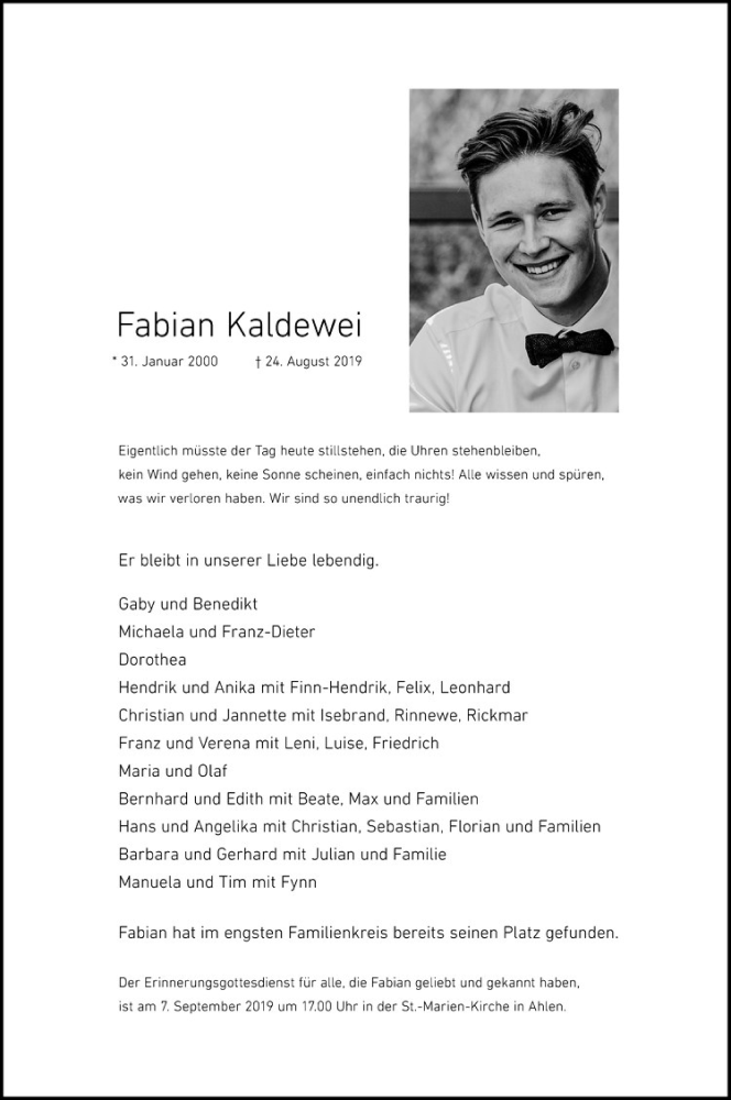  Traueranzeige für Fabian Kaldewei vom 31.08.2019 aus Westfälische Nachrichten
