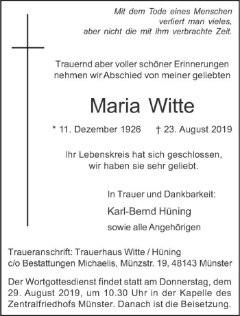 Anzeige von Maria Witte von Westfälische Nachrichten