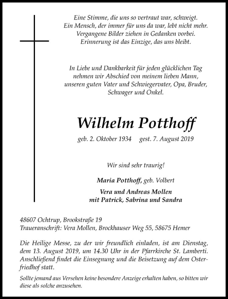  Traueranzeige für Wilhelm Potthoff vom 09.08.2019 aus Westfälische Nachrichten