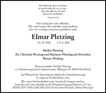 Anzeige von Elmar Pletzing von Westfälische Nachrichten