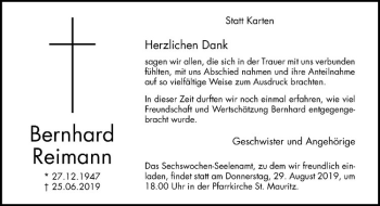 Anzeige von Bernard Reimann von Westfälische Nachrichten