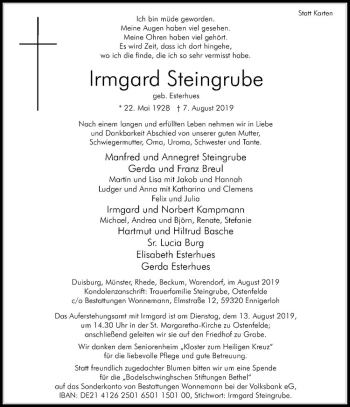 Anzeige von Irmgard Steingrube von Westfälische Nachrichten