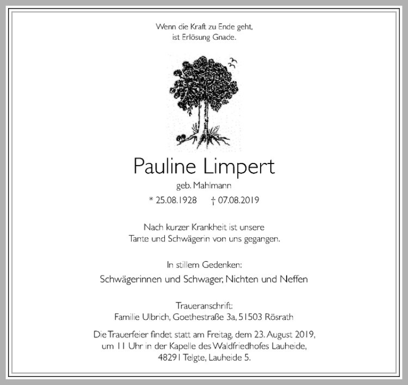  Traueranzeige für Pauline Limpert vom 19.08.2019 aus Westfälische Nachrichten