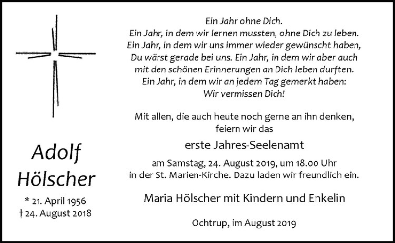  Traueranzeige für Adolf Hölscher vom 21.08.2019 aus Westfälische Nachrichten