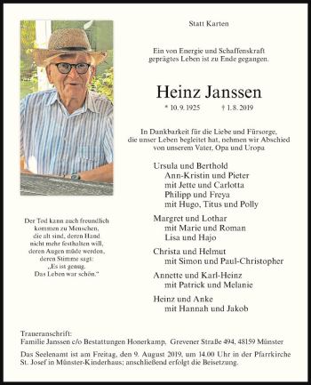Anzeige von Heinz Janssen von Westfälische Nachrichten