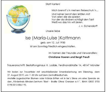 Anzeige von Maria-Luise Kottmann von Westfälische Nachrichten