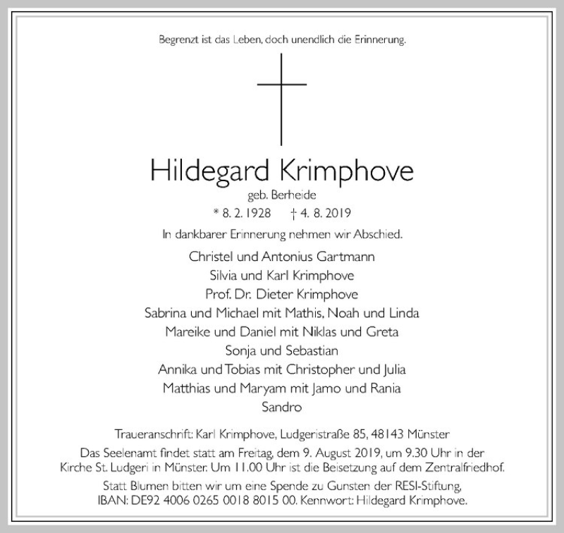  Traueranzeige für Hildegard Krimphove vom 07.08.2019 aus Westfälische Nachrichten