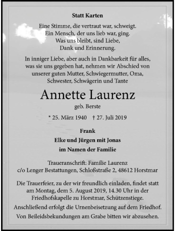 Anzeige von Annette Laurenz von Westfälische Nachrichten