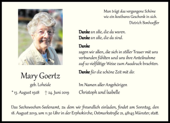 Anzeige von Mary Goertz von Westfälische Nachrichten