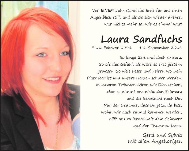  Traueranzeige für Laura Sandfuchs vom 31.08.2019 aus Westfälische Nachrichten
