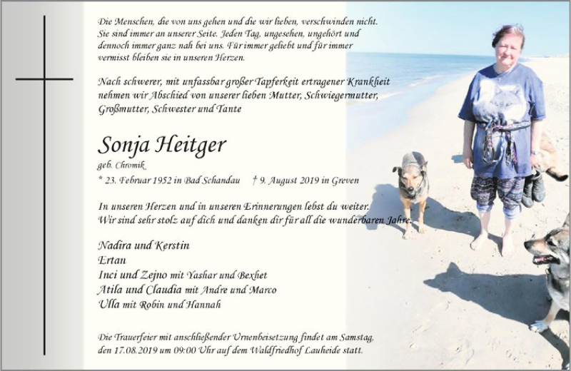  Traueranzeige für Sonja Heitger vom 16.08.2019 aus Westfälische Nachrichten