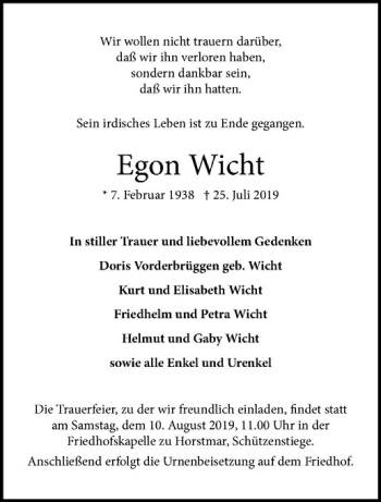 Anzeige von Egon Wicht von Westfälische Nachrichten
