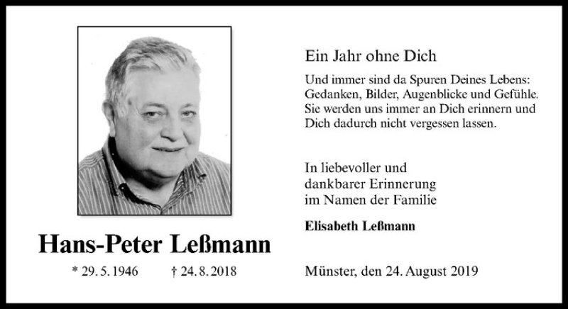  Traueranzeige für Hans-Peter Leßmann vom 24.08.2019 aus Westfälische Nachrichten
