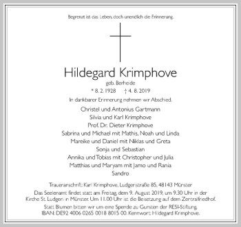 Anzeige von Hildegard Krimphove von Westfälische Nachrichten