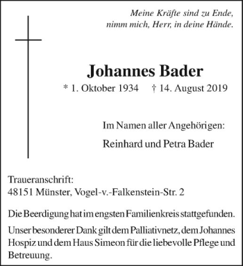 Anzeige von Johannes Bader von Westfälische Nachrichten