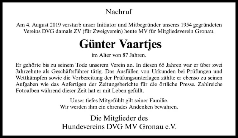  Traueranzeige für Günter Vaartjes vom 09.08.2019 aus Westfälische Nachrichten