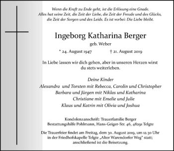 Anzeige von Ingeborg Katharina Berger von Westfälische Nachrichten