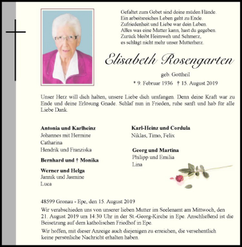 Anzeige von Elisabeth Rosengarten von Westfälische Nachrichten