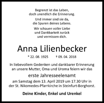 Anzeige von Anna Lilienbecker von Westfälische Nachrichten