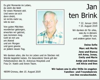 Anzeige von Jan ten Brink von Westfälische Nachrichten