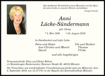 Anzeige von Anni Lücke-Sündermann von Westfälische Nachrichten
