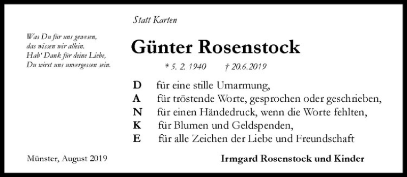  Traueranzeige für Günter Rosenstock vom 24.08.2019 aus Westfälische Nachrichten