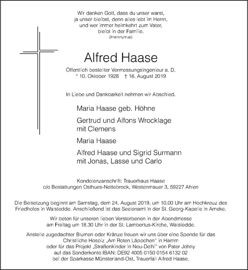  Traueranzeige für Alfred Haase vom 21.08.2019 aus Westfälische Nachrichten