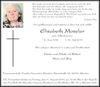 Anzeige von Elisabeth Moseler von Westfälische Nachrichten