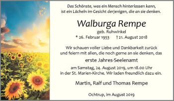 Anzeige von Walburga Rempe von Westfälische Nachrichten