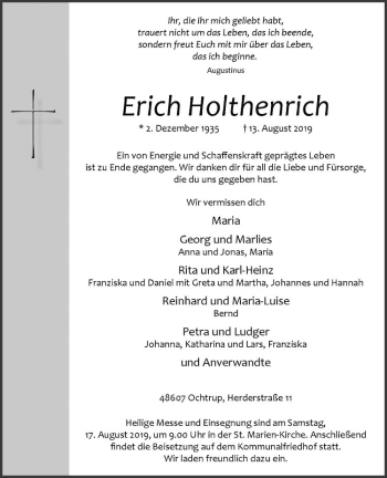 Anzeige von Erich Holthenrich von Westfälische Nachrichten