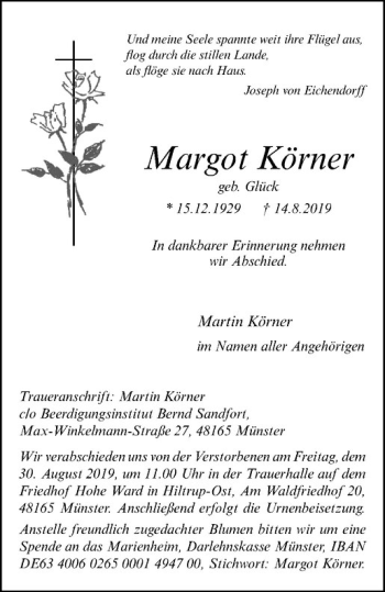 Anzeige von Margot Körner von Westfälische Nachrichten