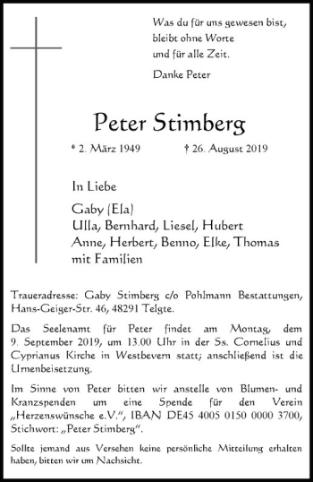Anzeige von Peter Stimberg von Westfälische Nachrichten