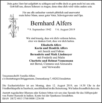 Anzeige von Bernhard Alfers von Westfälische Nachrichten