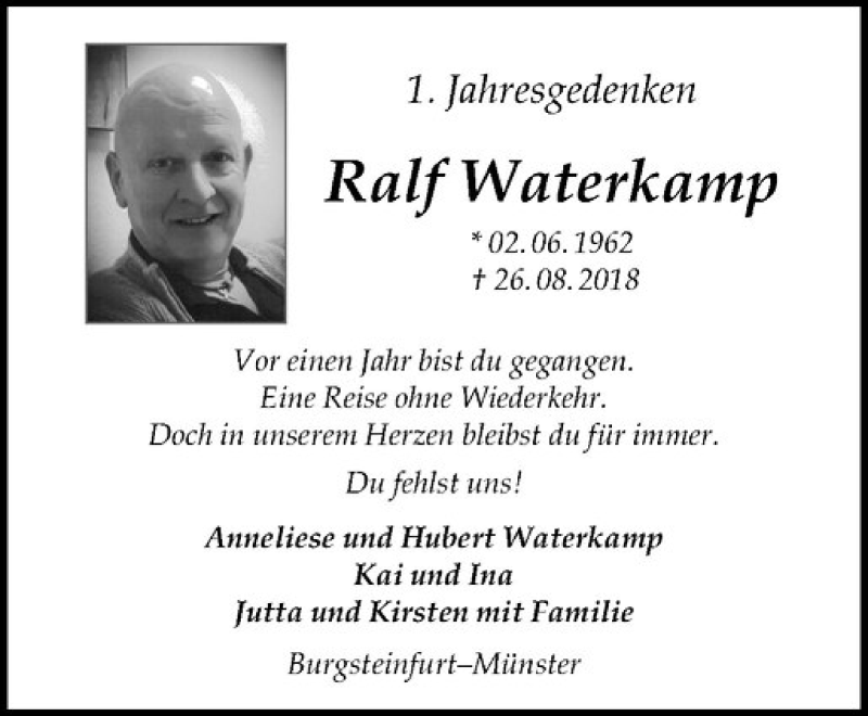  Traueranzeige für Ralf Waterkamp vom 24.08.2019 aus Westfälische Nachrichten