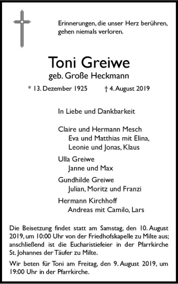 Anzeige von Toni Greiwe von Westfälische Nachrichten