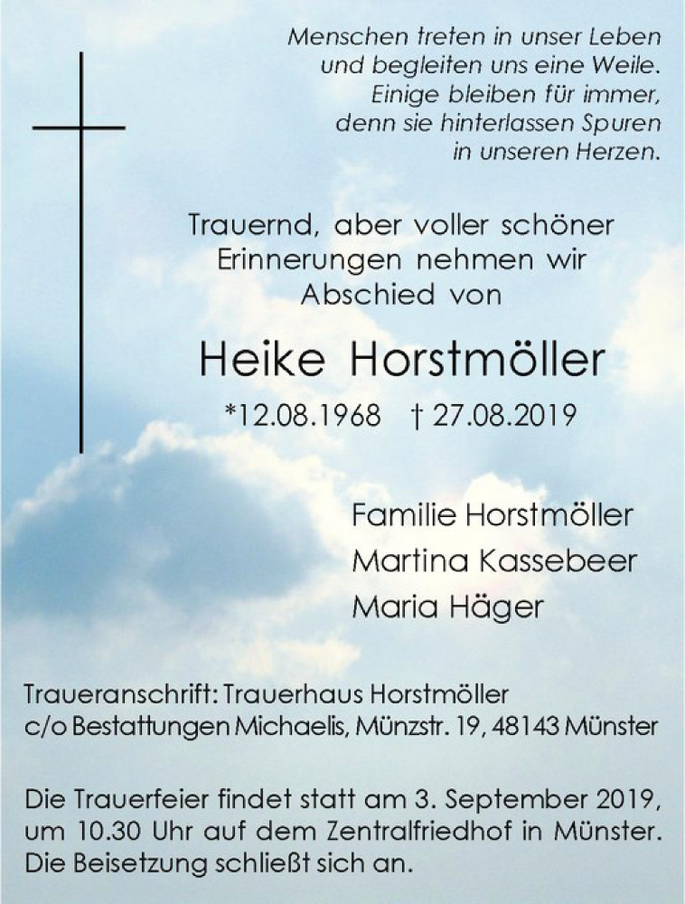  Traueranzeige für Heike Horstmöller vom 31.08.2019 aus Westfälische Nachrichten