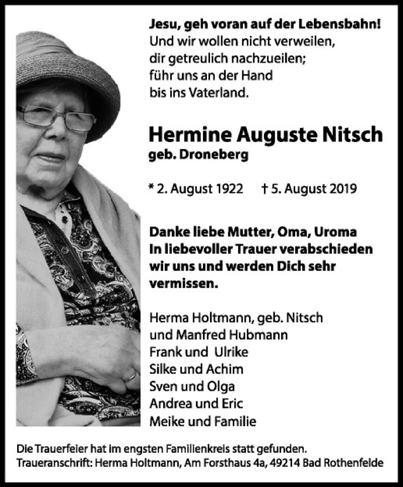  Traueranzeige für Hermine Auguste Nitsch vom 24.08.2019 aus Westfälische Nachrichten