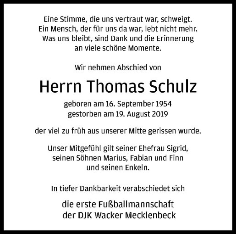  Traueranzeige für Thomas Schulz vom 23.08.2019 aus Westfälische Nachrichten