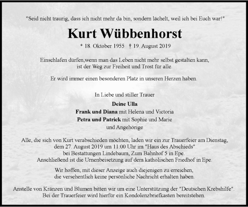  Traueranzeige für Kurt Wübbenhorst vom 24.08.2019 aus Westfälische Nachrichten